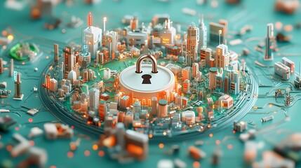 Poster - Secure Digital Ecosystem with Futuristic Padlock and Intricate Technological Elements A Minimalist and Sleek Cyberpunk Inspired Visualization of a Secure Digital Infrastructure with a World Globe