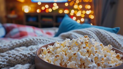 Aufkleber - A bowl of popcorn rests on a cozy blanket while soft lights twinkle in a living room, inviting a relaxing movie night atmosphere. Generative AI