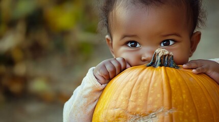 Adorable Black Baby girl trying to bite on a huge pumpkin with Pumpkin - Fall and Halloween Theme Portrait of Child with Large Pumpkin, funny kid portrait on Thanksgiving