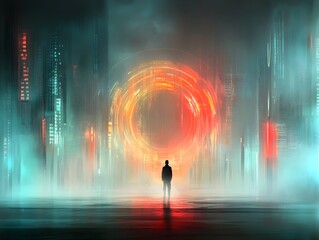 Poster - Expansive futuristic landscape featuring shimmering holographic architectural structures dynamic energy pulses