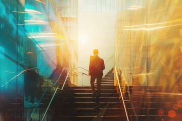 Businessman climbing stairs in city  symbolizing success and employment.