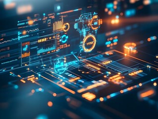 Poster - Sophisticated blue digital interface showcasing complex financial data patterns cutting edge technical indicators and dynamic visualizations for comprehensive market trading and investment analysis
