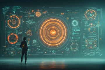 Poster - Immersive futuristic virtual command center with holographic control panels dynamic data visualizations pulsing information displays and cinematic techno futuristic lighting design