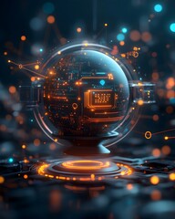 Poster - Locked techno sphere representing global data security and surveillance floating above a vivid futuristic landscape of pulsing digital nodes projected schematics and holographic interfaces