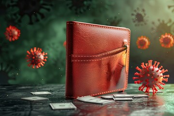 Poster - A wallet sits empty with scattered cash on a surface, representing financial hardship from the economic effects of the coronavirus pandemic. Generative AI