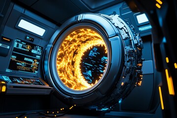 Poster - Warp drive in a futuristic starship, glowing with energy and surrounded by advanced control panels and holographic displays