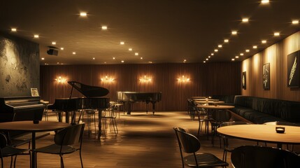 Wall Mural - an underground jazz club with soft, recessed lighting in the ceiling that provides a subtle glow, pe