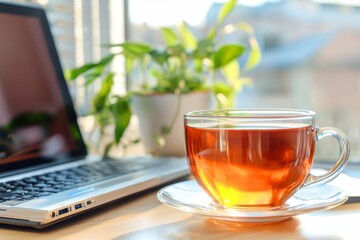Aufkleber - work from home concept. designated area with a window for work. modern laptop with blurred screen an