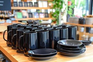 There are empty cups and plates on the banquet table. The dinner table is ready to serve hot drinks.