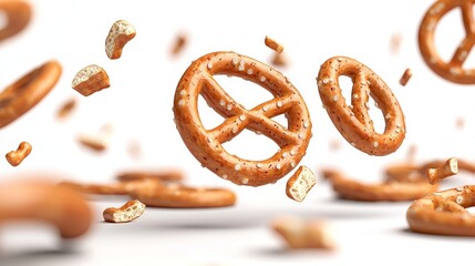 The explosion of crunchy and savory snacks flying through the air isolated on white is accompanied by the explosion of pretzel chunks and snack pieces.