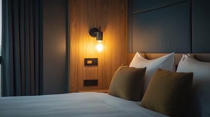 a boutique hotel room with wall-mounted bedside lamps that have adjustable brightness and color temp