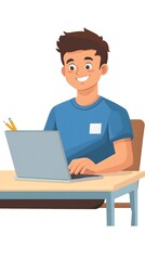 A young man is sitting at the table with laptop and holding pencil, flat design illustration