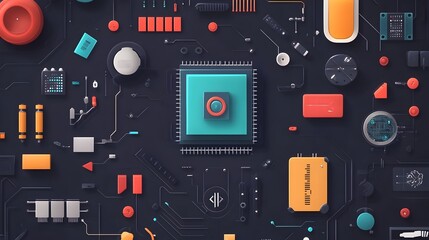 Poster - Futuristic flat design showcasing graphene based electronic circuits and advanced nanotechnology innovations  The image depicts a clean minimalist design with geometric patterns interconnected lines