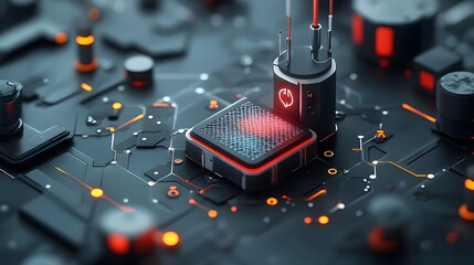 Poster - a 3d rendered showcasing the role of graphene in advanced futuristic battery technology for efficien