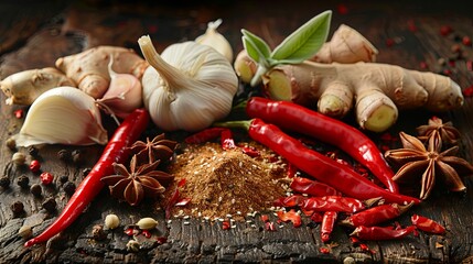 Aufkleber - Fresh Asian spices including ginger, garlic, chili peppers, star anise, and lemongrass arranged beautifully on a weathered wooden surface. Generative AI