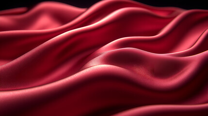 Poster - Rich crimson satin drapes gracefully with flowing textures in soft light against a dark background