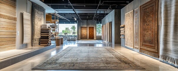 Wall Mural - a contemporary rug store with hand-woven and designer rugs displayed on walls and floors, and an are