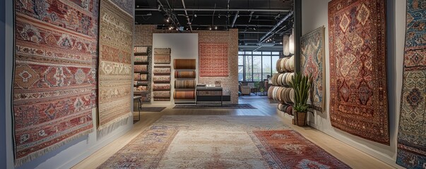 Wall Mural - a contemporary rug store with hand-woven and designer rugs displayed on walls and floors, and an are
