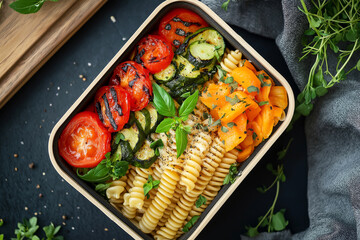 Artistic presentation of a gourmet lunchbox with delicately arranged pasta, grilled vegetables, and fresh herbs.