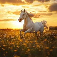 Majestic white horse gallops with yellow flowers sunset background image