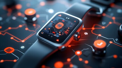 Poster - futuristic graphene powered wearable tech fitness tracker with flexible circuits and minimalist flat