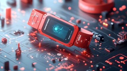 Poster - 3D Rendered of a Futuristic Graphene Based Wearable Tech Device with Flexible Circuits Showcasing a Modern Fitness Tracker Concept for the Future of Wearable Electronics