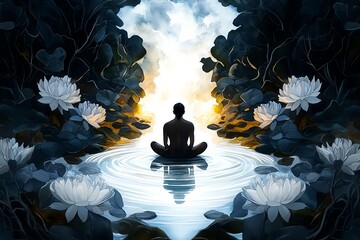Poster - Watercolor of a person sitting in a garden, surrounded by soft light, reflecting on the events of yesterday in a peaceful, serene atmosphere