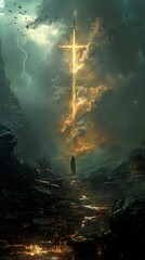 Wall Mural - A Figure Stands Before a Glowing Sword in the Sky