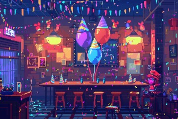 Wall Mural - pixel art new year's eve party with festive decorations and colorful balloons