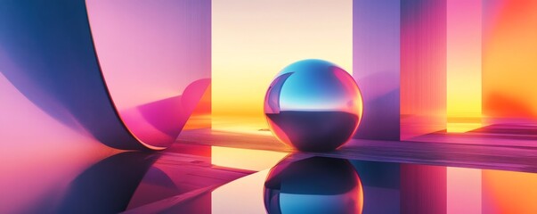 Poster - Abstract sphere in colorful geometric space with reflections