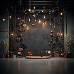Poster - Dramatic Monochrome Industrial Studio with Chiaroscuro Lighting Effects for High Impact Product Presentation and Visualization  Contemporary 3D backdrop with central display pedestal creating a moody