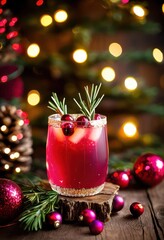 close festive beverage surrounded seasonal decorations creating joyous holiday ambiance, drink, cocktail, glass, cup, red, green, cinnamon, nutmeg, herbs