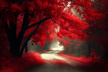 Wall Mural - A red tree with red leaves is in the foreground of a forest. The red leaves contrast with the green leaves of the trees in the background. The image has a warm and inviting mood, with the red leaves