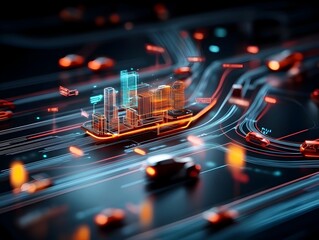 Poster - Interconnected urban mobility system with luminous wireframe forms dynamic composition and digital in a Constructivist style