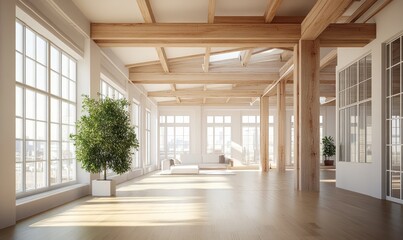 Empty modern loft with large windows and structural beams, emphasizing a spacious and bright interior