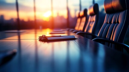 Aufkleber - A long wooden conference table with leather chairs in an office overlooking a sunset.