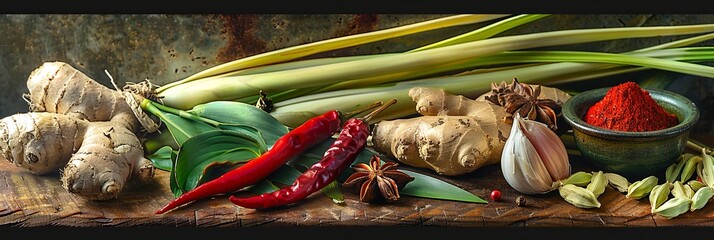 Aufkleber - A colorful assortment of Asian spices showcases ginger, garlic, chili peppers, star anise, and lemongrass arranged beautifully. Generative AI