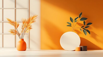 Poster - Minimalist 3D studio room with textured brown and white background empty floor and wall product podium shadow overlay from window to countertop mockup with diffused sunlight creating a clean