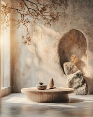 Poster - Sparse 3D studio environment featuring exposed concrete textures bare floors and walls and a central product pedestal with soft shadows from natural window lighting
