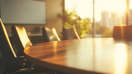 Aufkleber - Close-up of a wooden conference table in a modern office with chairs and a window view of the city skyline during sunset.