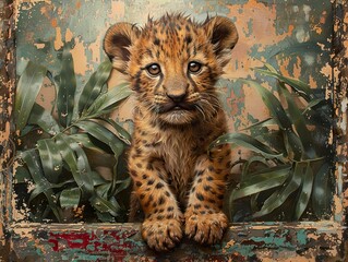 Poster - Adorable Leopard Cub Peeking Through Jungle Leaves