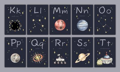 Wall Mural - Сards with letters of the English alphabet. Educational cards with hand-drawn watercolor space illustrations