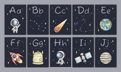 Wall Mural - Сards with letters of the English alphabet. Educational cards with hand-drawn watercolor space illustrations