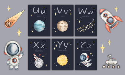Wall Mural - Сards with letters of the English alphabet. Educational cards with hand-drawn watercolor space illustrations