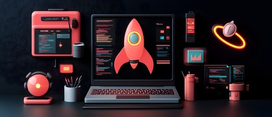 Poster - Hyper detailed 3D render showcasing the key components of an innovative startup s dynamic tech forward workspace featuring a sleek laptop bold rocket icon immersive programming setup