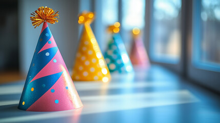  Cheerful party hats in bright colors with playful patterns on reflective surface