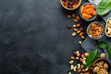 Poster - A colorful assortment of dried fruits and nuts is beautifully displayed on a dark surface, perfect for a nutritious energy boost. Generative AI