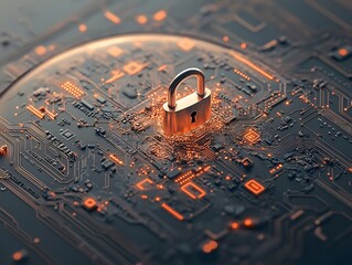 Poster - A padlock secured atop a spinning world globe surrounded by intricate electronic circuit board designs conveying a sense of global digital security and a cyberpunk inspired technological aesthetic
