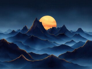 handdrawn vector illustration of elegantly styled mountains adorned with shimmering gold lines on a deep blue background creating a sophisticated and timeless aesthetic