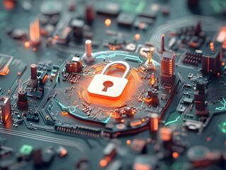 Poster - Digitally Locked World with Padlock Symbol on a Futuristic Circuit Board Globe Interface Representing Data Security Surveillance and Technological Control in a Dystopian Sci Fi Landscape